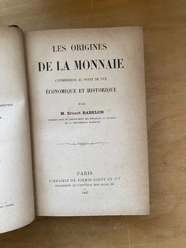 Tapa de Les origines de la Monnaie - Babelon, Ernest (dd4)