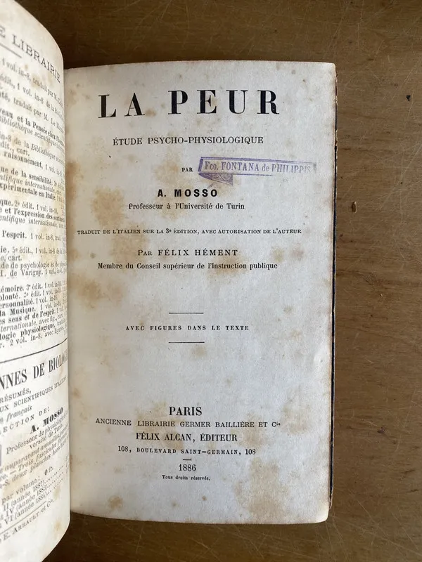 Tapa de La peur, etude psycho physiologique - Mosso, A. (3a9)