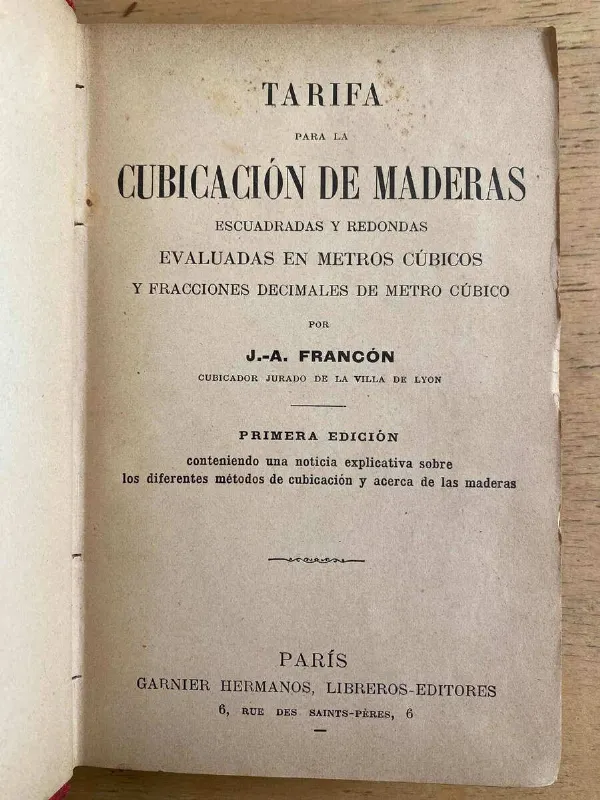 Tapa de Tarifa Para La Cubicacion De Maderas - Fra.ncon, J. A (a7)