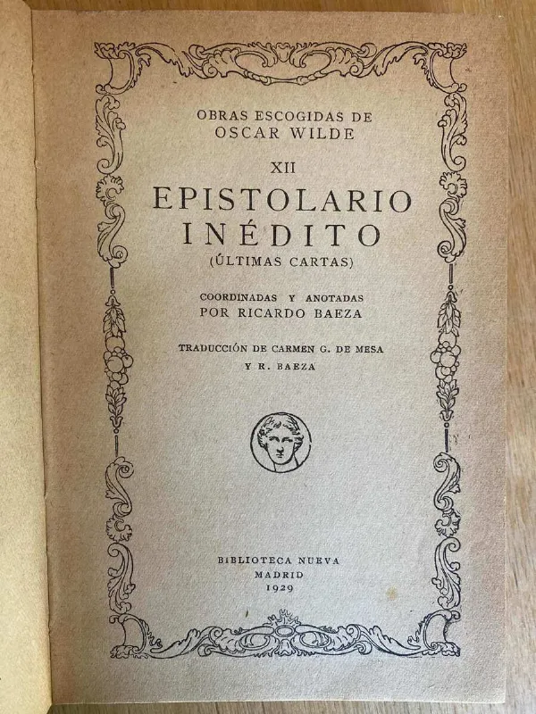 Tapa de Epistolario Inedito (ultimas Cartas) - Wilde, Oscar (D1)